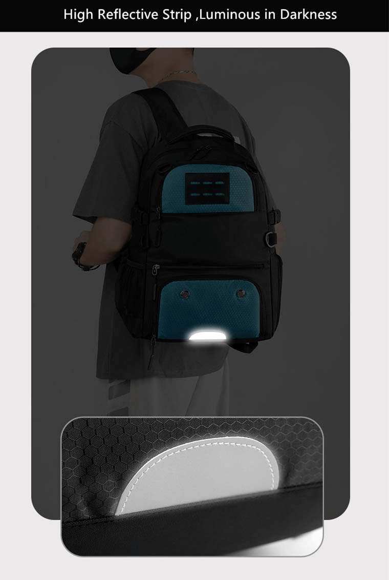 Unisex sports backpack SF0808 with shoe compartment and luminous strip, ideal for day and night activities, shown in dark setting.